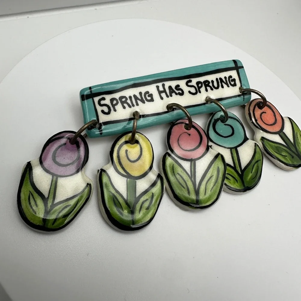 Vintage 80s Spring‎ Has Sprung Enamel Brooch Colourful Dangling Flowers Jewelry